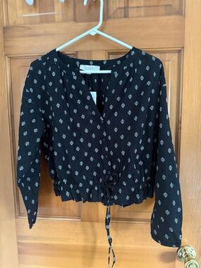 LOFT Black Printed Drawstring Waist Button-Down Blouse SZ Sm